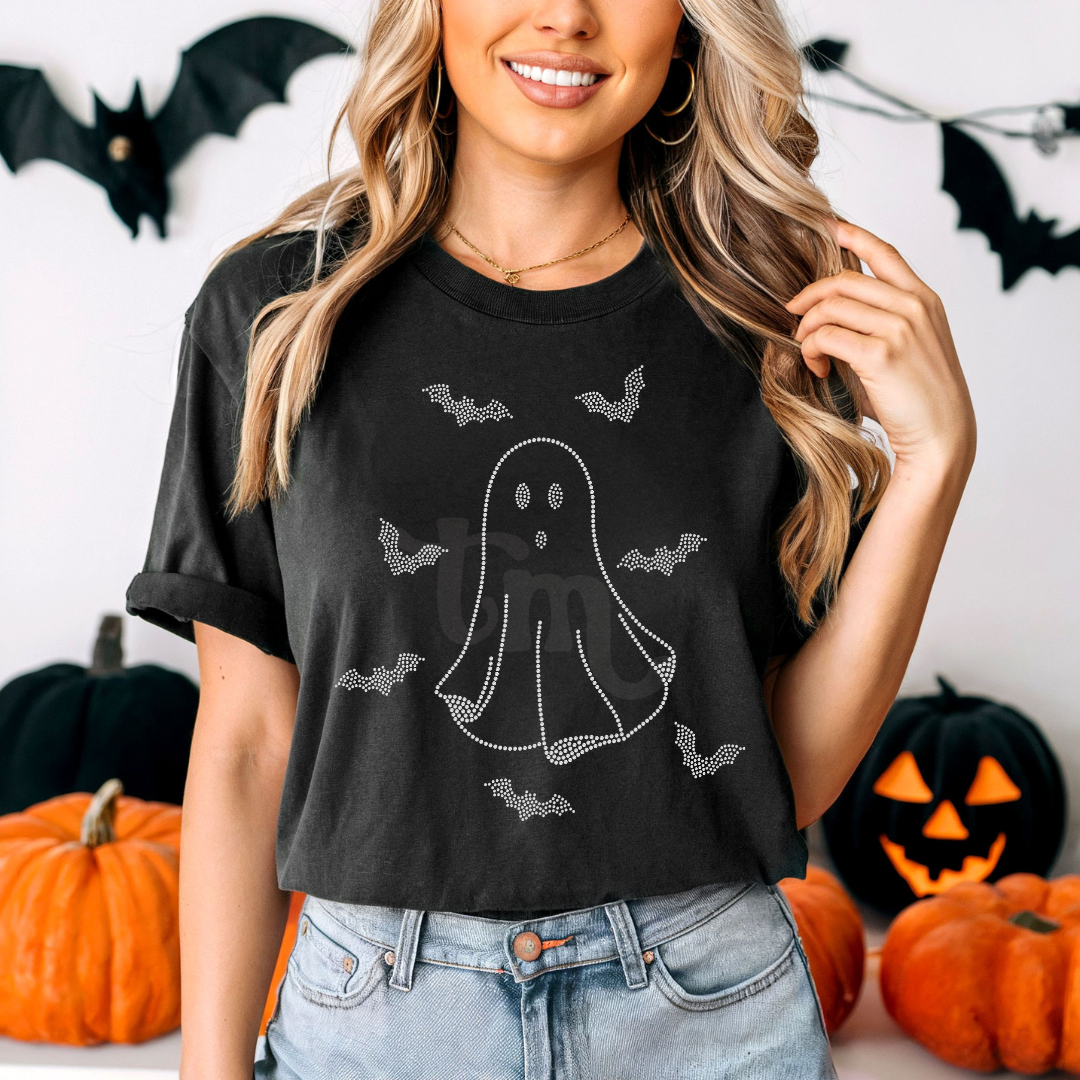 Cutesy Ghost with Bats RHINESTONE TRANSFER