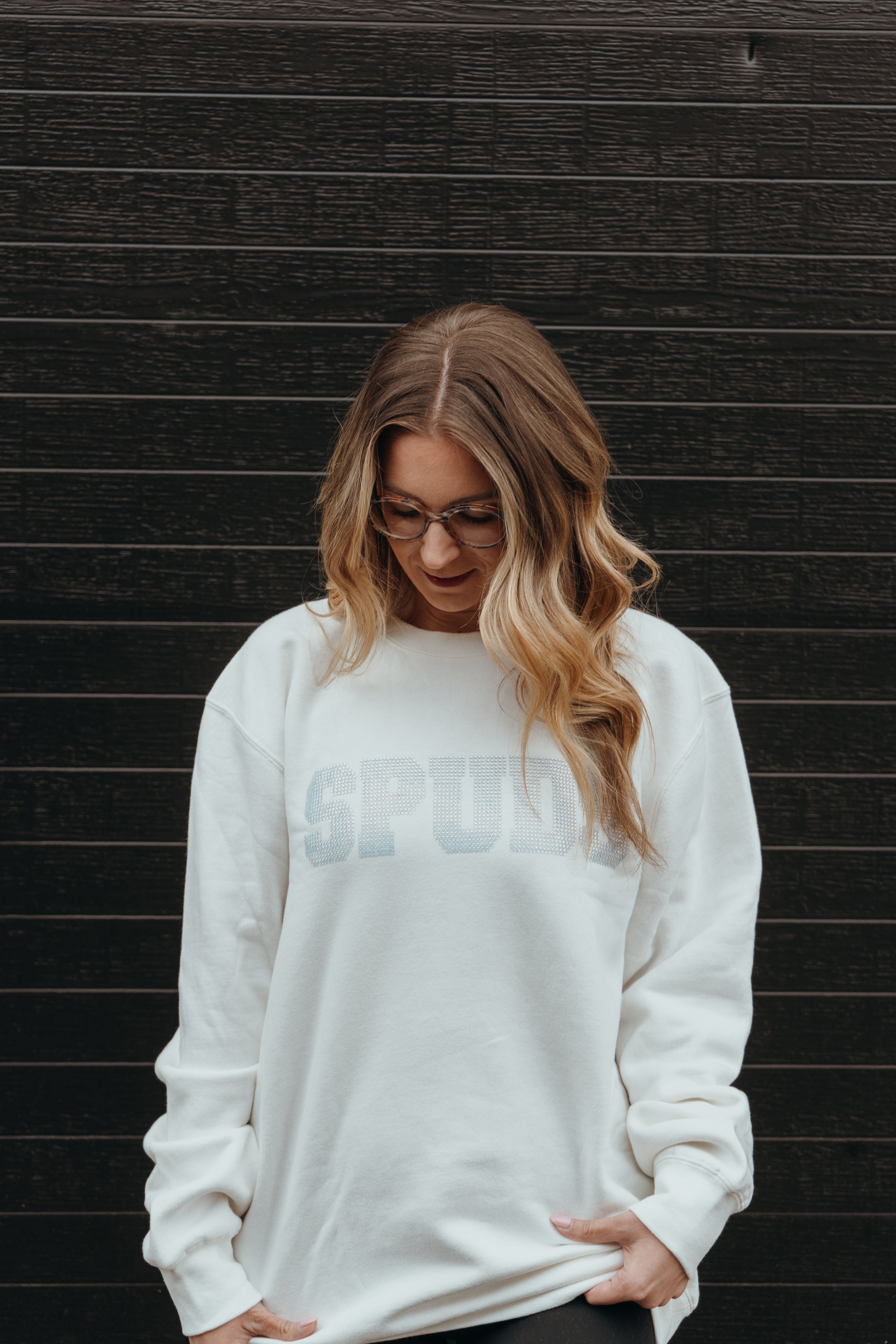Spuds White on White Rhinestone Crewneck