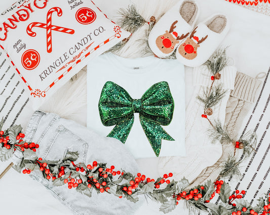 Green Glitter Christmas Coquette Bow With Optional Pocket MATTE CLEAR FILM