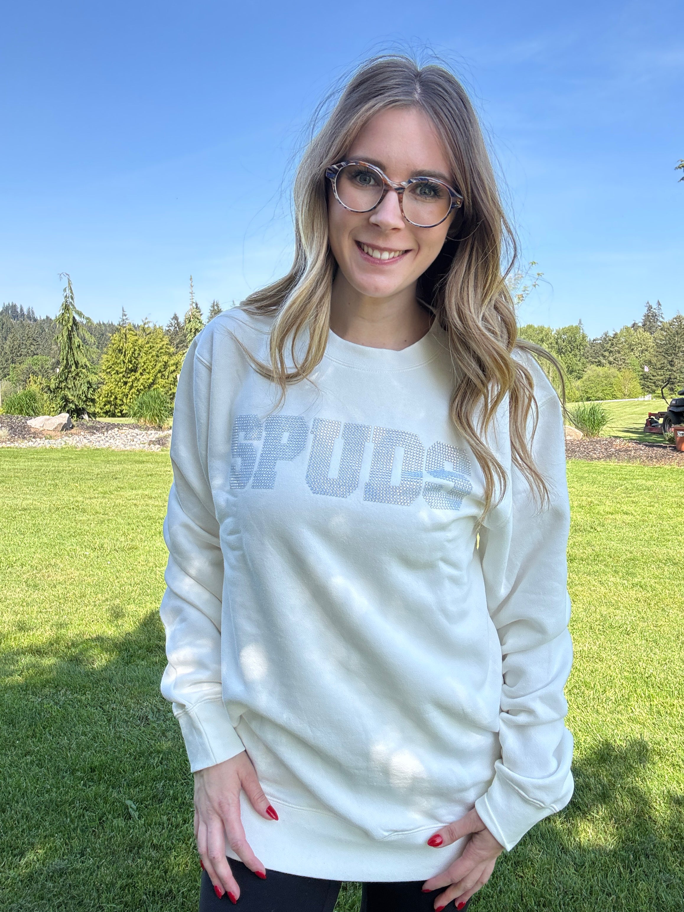 Spuds White on White Rhinestone Crewneck