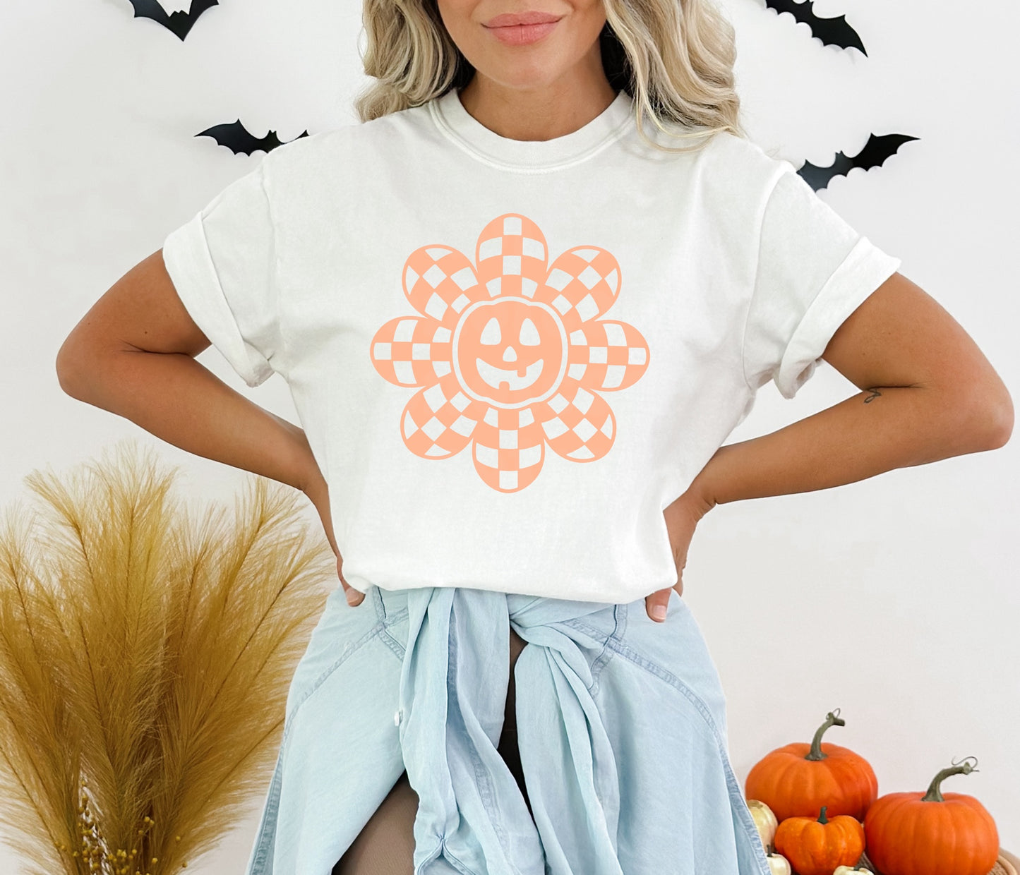 Checkered Pumpkin Flower PEACH INK