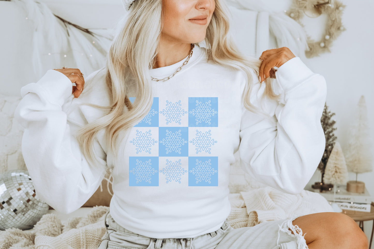 Retro Checker Snowflakes LIGHT BLUE INK