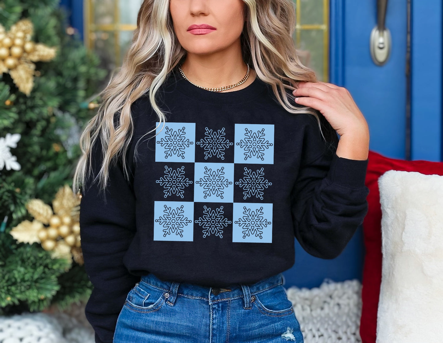 Retro Checker Snowflakes LIGHT BLUE INK