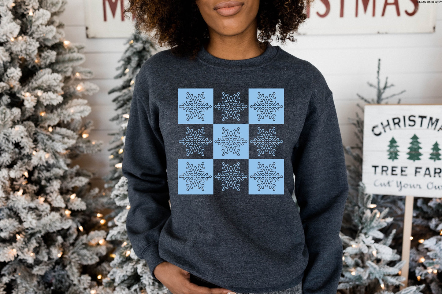 Retro Checker Snowflakes LIGHT BLUE INK