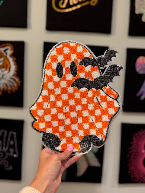 Checkered Ghost || 11” Chenille + Sequin Patch