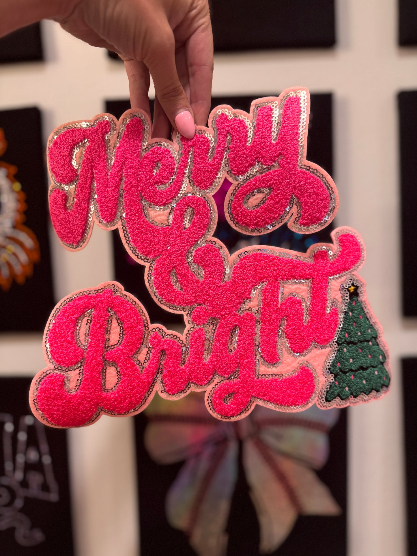 Pink Script Merry & Bright || 11” Chenille Patch