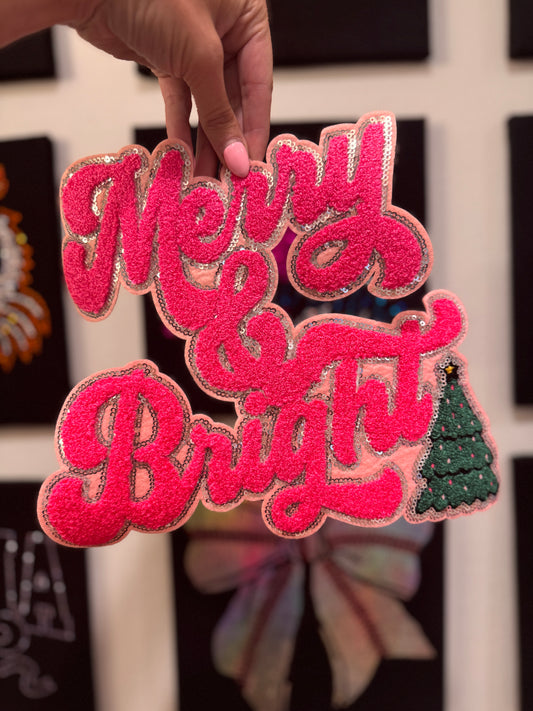 Pink Script Merry & Bright || 11” Chenille Patch