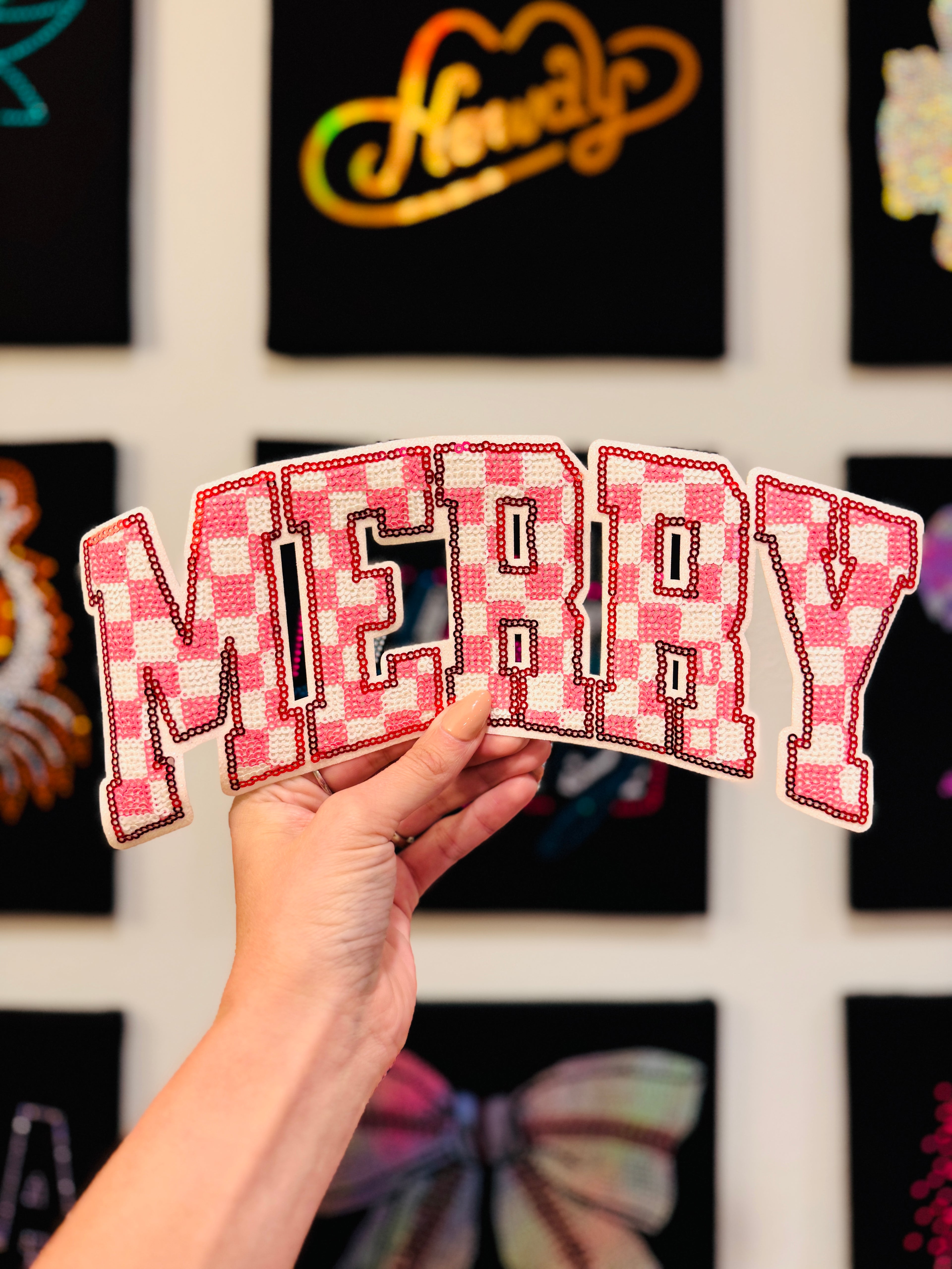 Pink + White Checkered Merry || Sequin Patch
