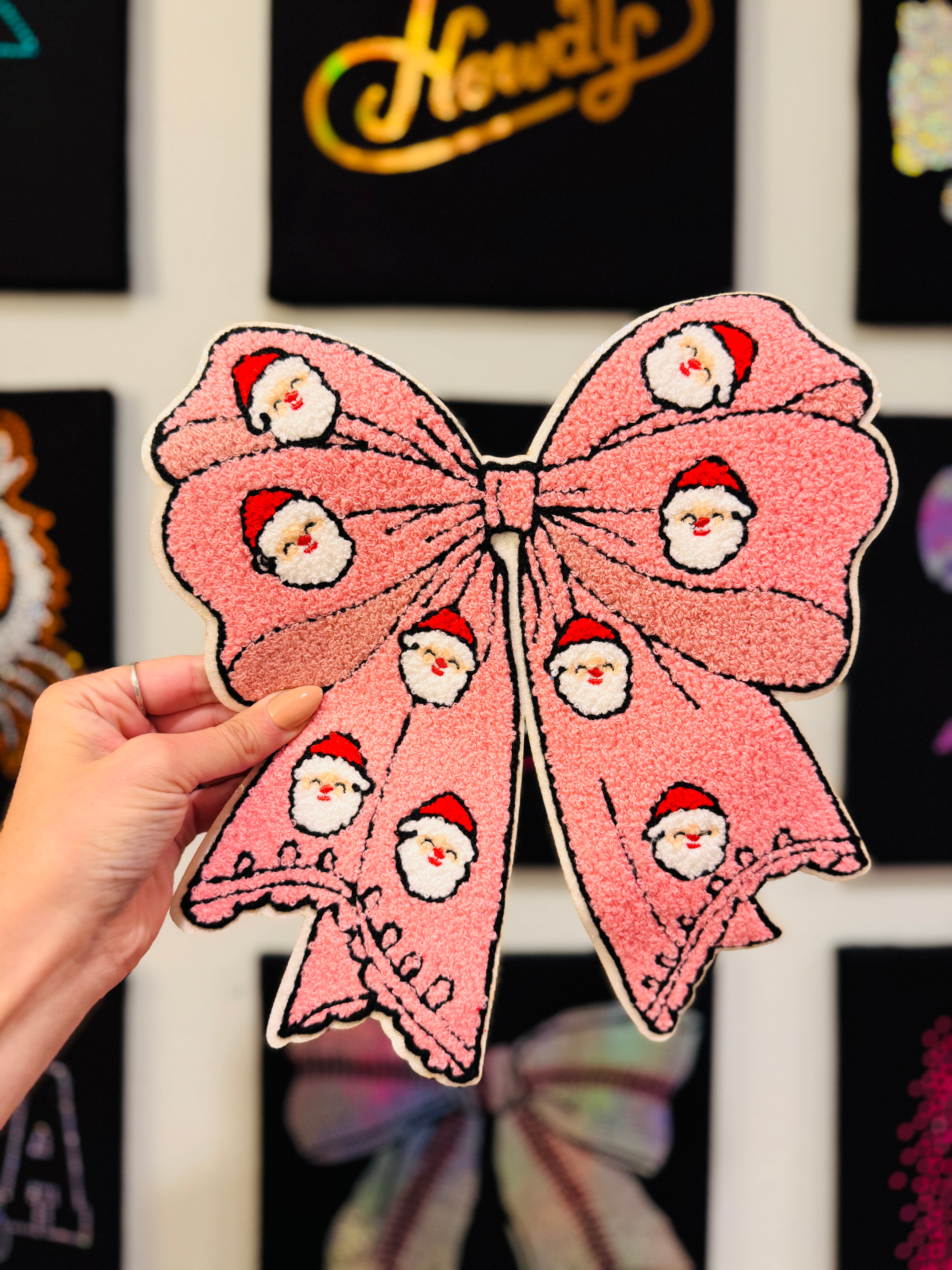 Pink Santa Bow || 10.5” Chenille Patch
