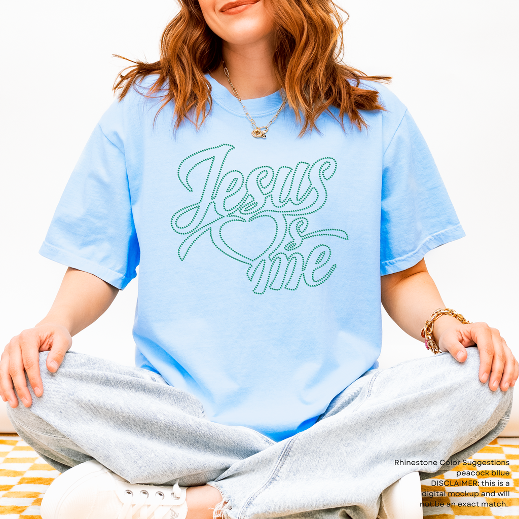 READY TO SHIP // Jesus Loves Me RHINESTONE TRANSFER c. peacock blue