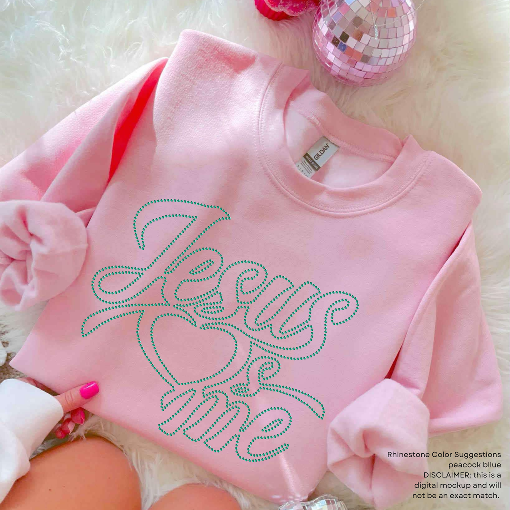 READY TO SHIP // Jesus Loves Me RHINESTONE TRANSFER c. peacock blue